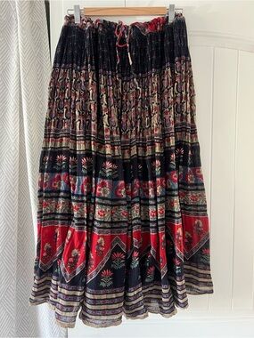 Boho Floral Broom Maxi Skirt in Red and Black Free Size